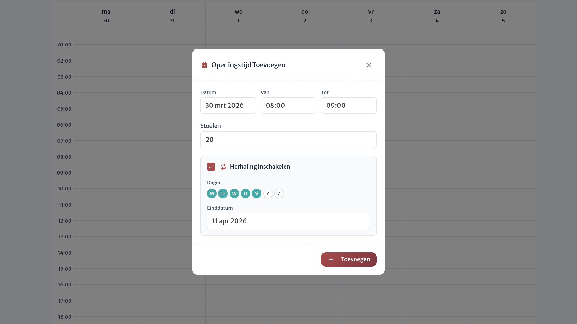Afbeelding: Dialoogvenster herhalende openingstijden
